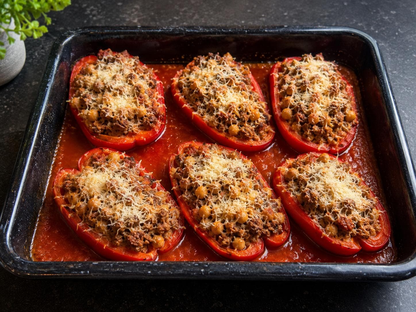 Gefüllte Peperoni mit Rindshackfleisch und Tomatensauce in einer Auflaufform.